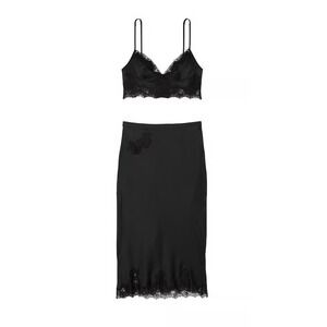 Victoria's Secret VERY SEXY Satin Black Lace Bralette & Midi Skirt Set XL NWT